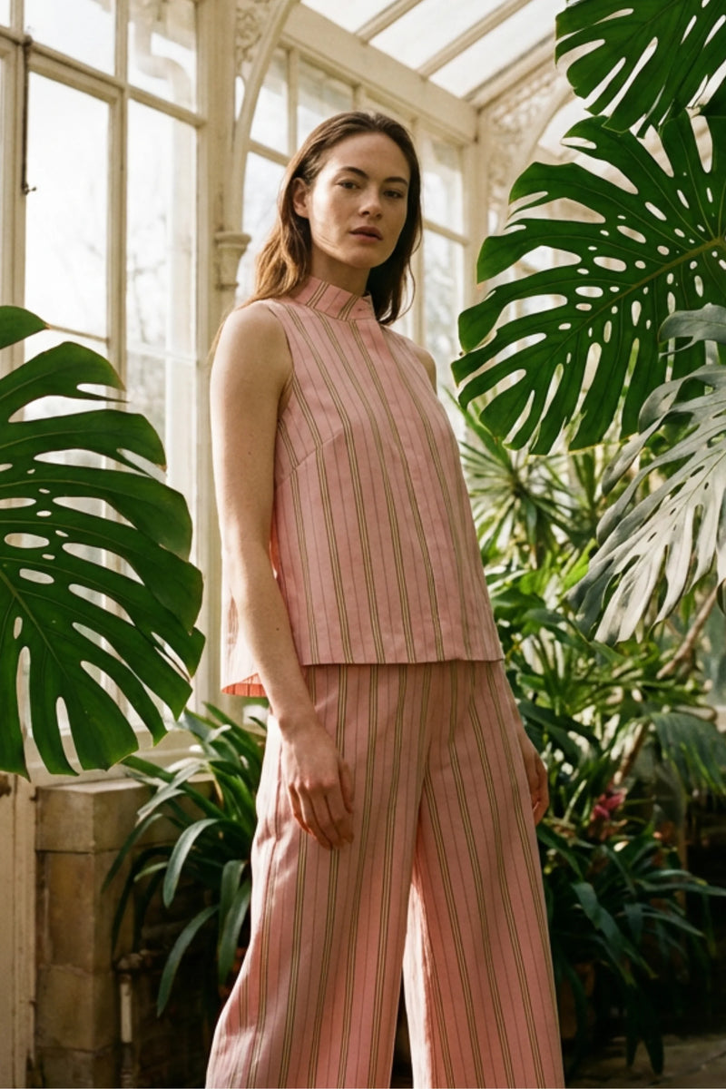 Дамски Сет "Daphne" – Розов памучен комплект от две части с райе и широк панталон