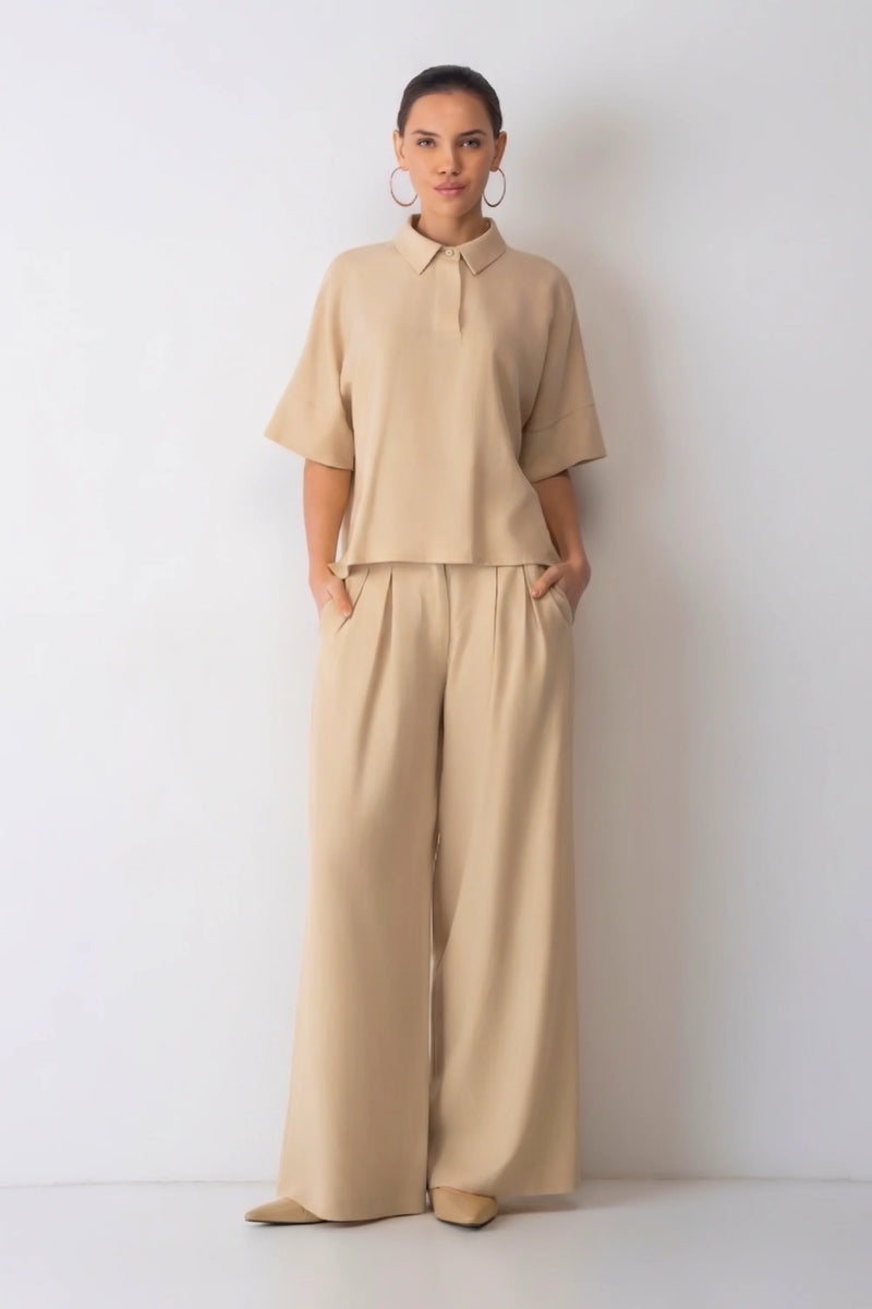 Дамски сет "Dita" – Бежов комплект от тенсел и лен с широк панталон