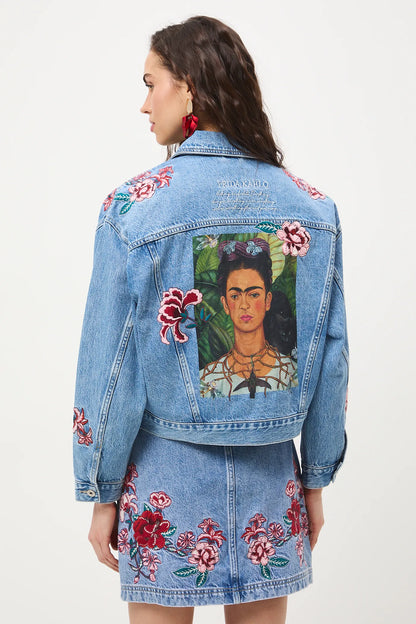 Дамски комплект от дънкова материя "Frida Kahlo" — яке и къса пола, 100% памук, светлосиньо