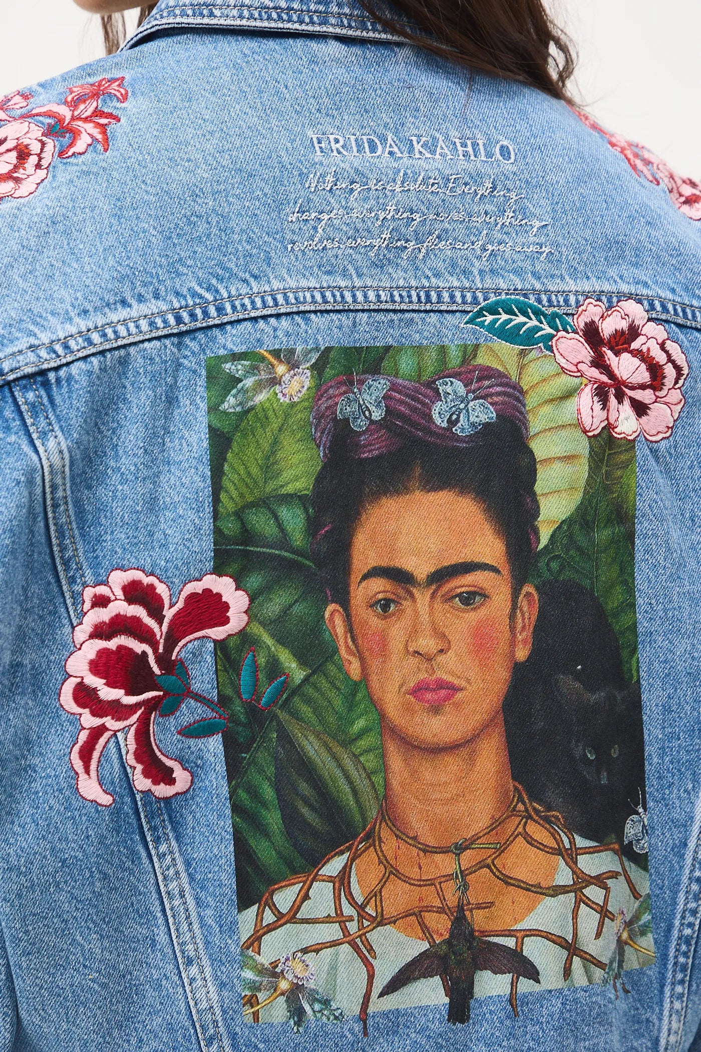 Дамски комплект от дънкова материя "Frida Kahlo" — яке и къса пола, 100% памук, светлосиньо