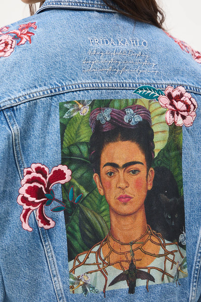 Дамски комплект от дънкова материя "Frida Kahlo" — яке и къса пола, 100% памук, светлосиньо