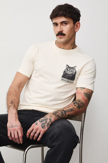 Мъжка тениска с абстрактен арт принтирана котка в бежов цвят