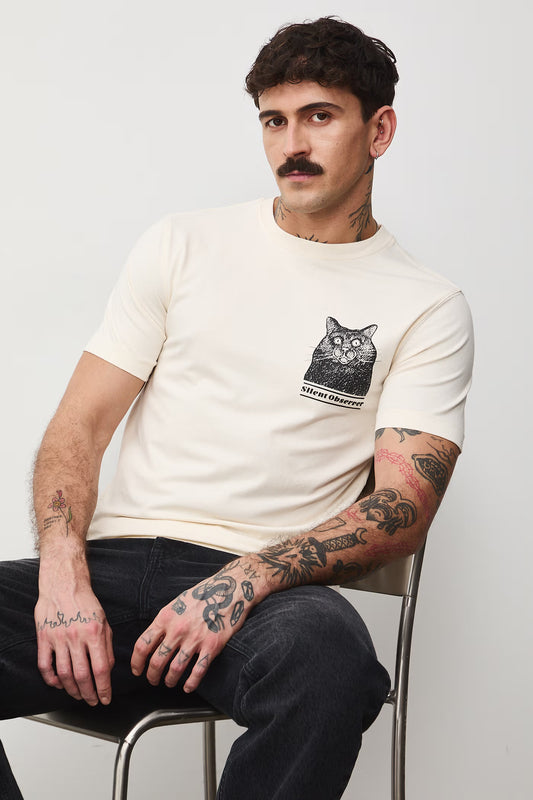 Мъжка тениска с абстрактен арт принтирана котка в бежов цвят