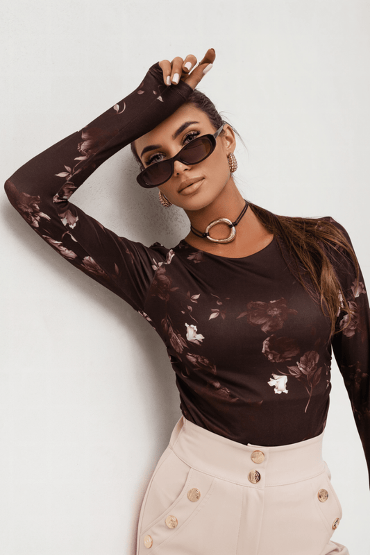 Дамска блуза SHIRA с дълъг ръкав и кафяв флорален десен LaBalancia Roberto Fashion Store Set 5907378518425 XS/S
