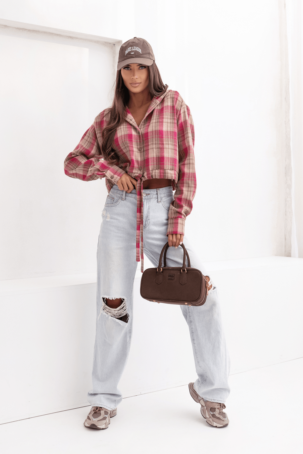 Дамска памучна риза с качулка SOHO – Кариран модел в дръзка фуксия и бежово LaBalancia Roberto Fashion Store Shirt 5907378519309 UNI