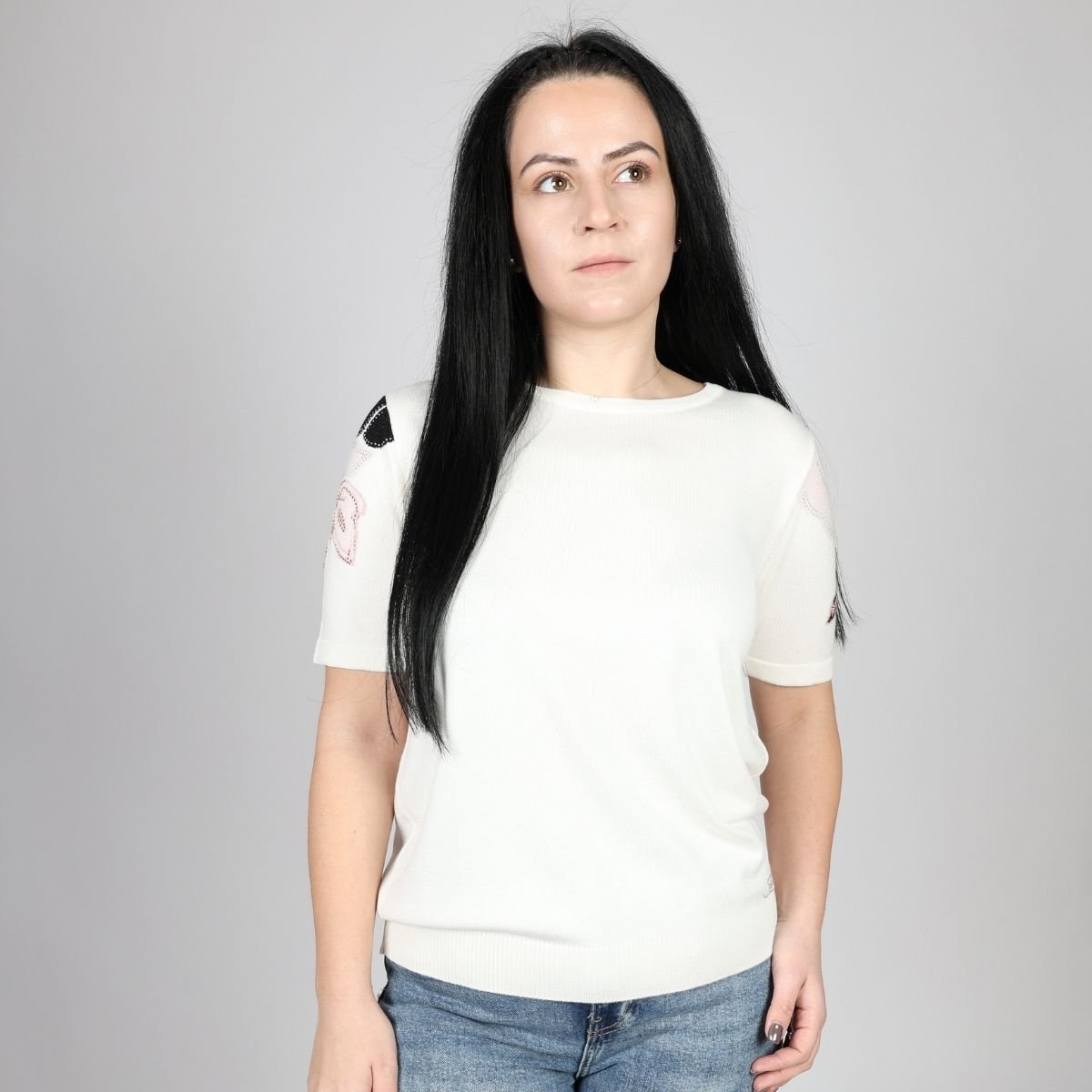 Дамска Плетена Тениска, Бял & Зелен Roberto Fashion Store T-shirt FELICKNI2 42 EU White