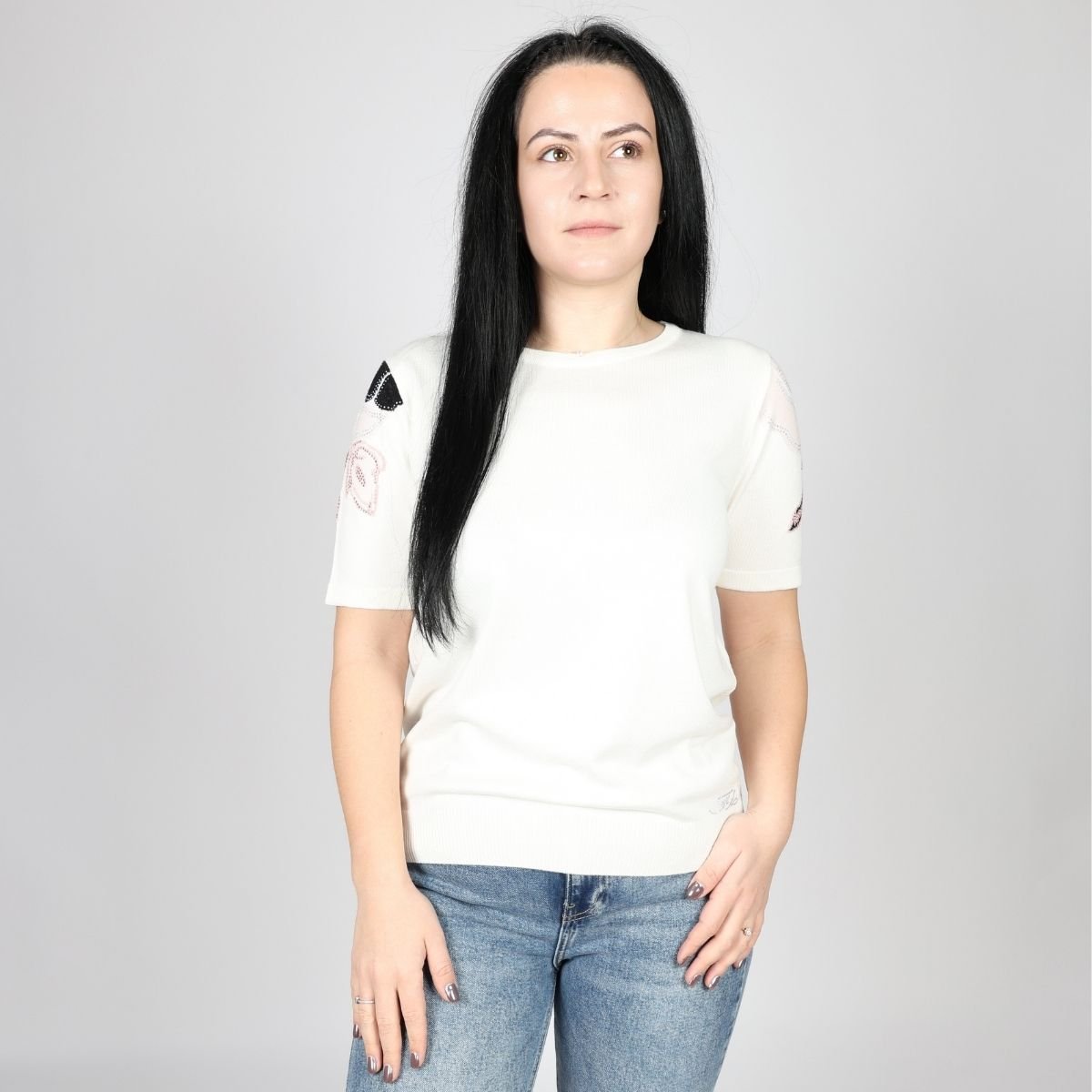 Дамска Плетена Тениска, Бял & Зелен Roberto Fashion Store T-shirt FELICKNI2 42 EU White