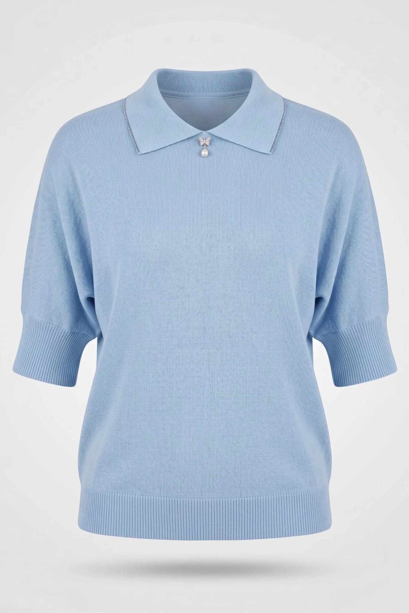 Дамска светло синя плетена тениска с къс ръкав и сърце Roberto&Co Roberto Fashion Store Sweater FLC2307KNIBLSBLU-46/48 46/48
