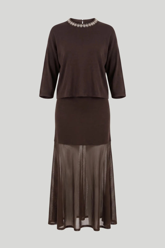 Дамски комплект 2 в 1 "Viva" от вискоза, тъмно кафяв — блуза с декорирано деколте и пола с тюл, размери S-L Serianno Roberto Fashion Store Set SER2908STKZK12810-S S