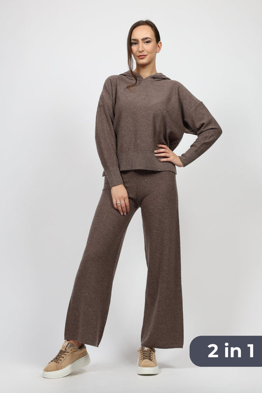 Дамски Комплект с Кашмир от 2 части, Кафяв Serianno Collection S Roberto Fashion Store Set SER1411SETBRWANGS S Кафяв