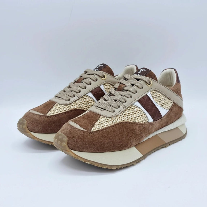 Women's Leather Sports Sneakers with Textile, Brown