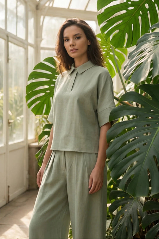 Дамски сет "Dita" – Зелен комплект от тенсел и лен с широк панталон Roberto&Co Roberto Fashion Store Set GR1204SETAA1025GRESM S/M