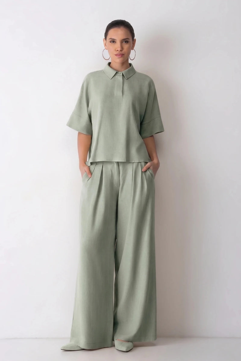 Дамски сет "Dita" – Зелен комплект от тенсел и лен с широк панталон