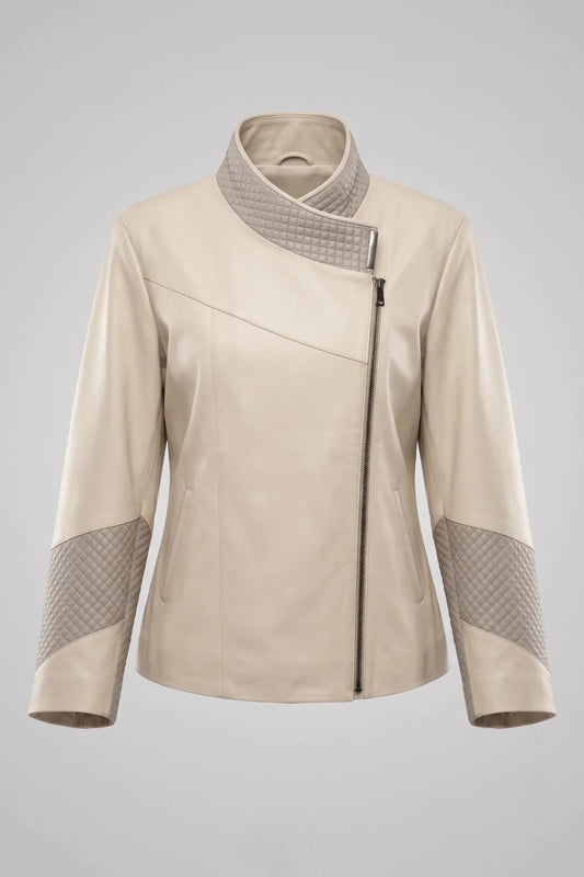 Дамско кожено яке Magnolia, бежово, с асиметрично закопчаване с цип Roberto&Co Roberto Fashion Store Jacket LEA0103JCKBEIASM-XS XS