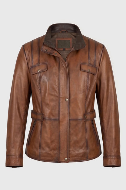 Дамско кожено яке от естествена кожа "Gentiane" - сафари стил, кафяво, дамски якета за есен и пролет Roberto&Co Roberto Fashion Store Jacket RBC0214LEAJCKBRW-M XS