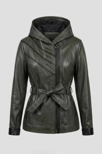 Дамско кожено яке с колан от агнешка кожа, зелено - Плюс размери Roberto&Co Roberto Fashion Store Jacket LEA2511JCKGRNBL+7XL 5XL