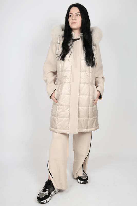 Дамско Палто с качулка, Бежов, Кафяв & Зелен Roberto Fashion Store Coat ROBE1049 42 EU Beige