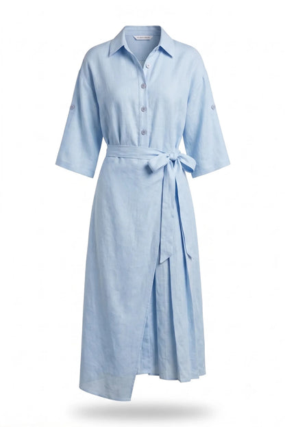 Ленена дълга рокля Roberto&Co - синьо Roberto&Co Roberto Fashion Store Dress NGR0907DRSBLULNG-38 38