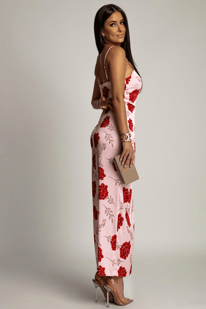 Сатенена рокля - розови цветя LaBalancia Roberto Fashion Store Dress 5907378522323 M/L