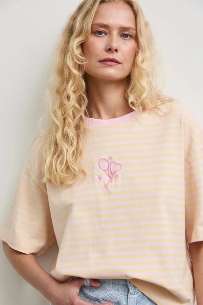 Жълта дамска овърсайз тениска на райе от 100% памук Medicine Roberto Fashion Store T-shirt RW26-TSD106-10A-XS XS